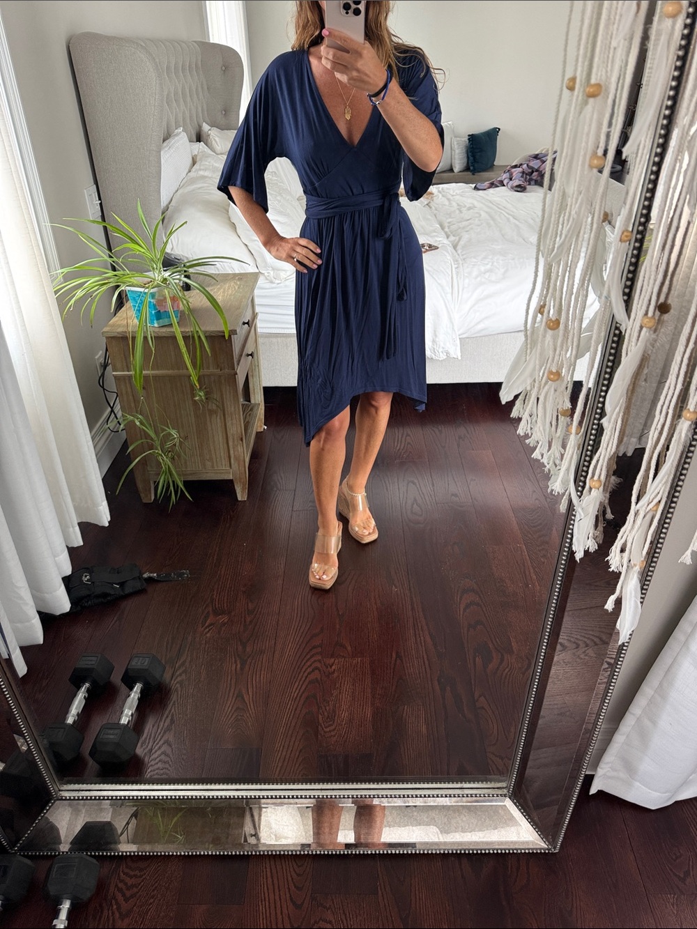 LA Made Navy Asymmetrical Wrap Dress with Tie Waist
